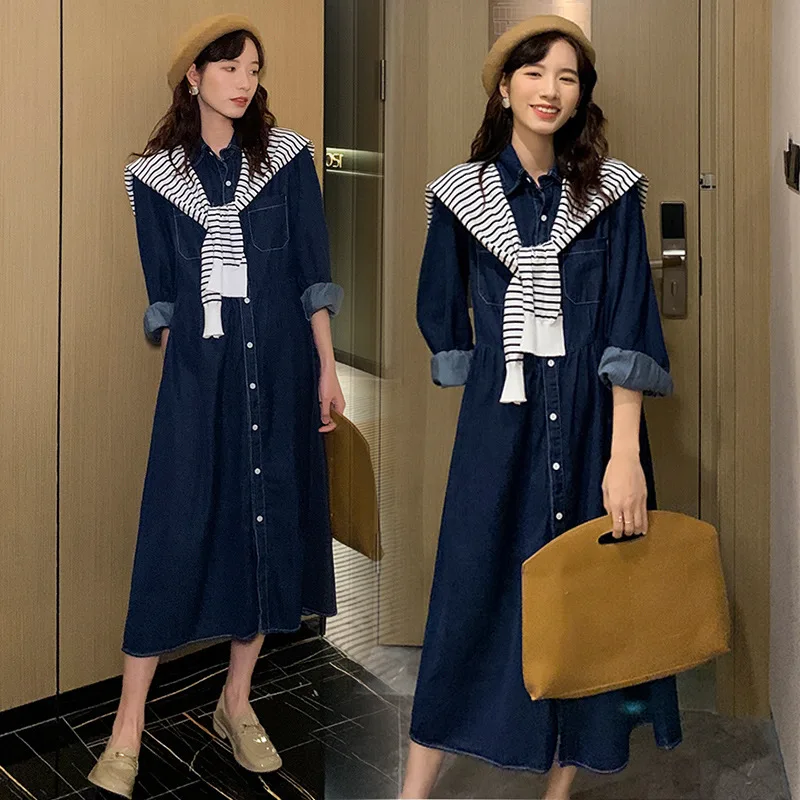 Pregnant Women Blue Denim Dress +Striped Cape Spring Autumn Pregnancy Plus Size Clothes Women Loose Long Dress Fashion Shawls