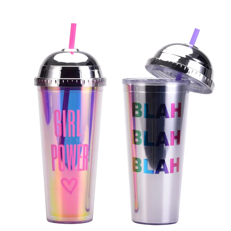 Fantasy Color Half Round Cap Water Cup Large Capacity Portable Water Bottle With Straw Lid Double Layer Plastic Straw Cup