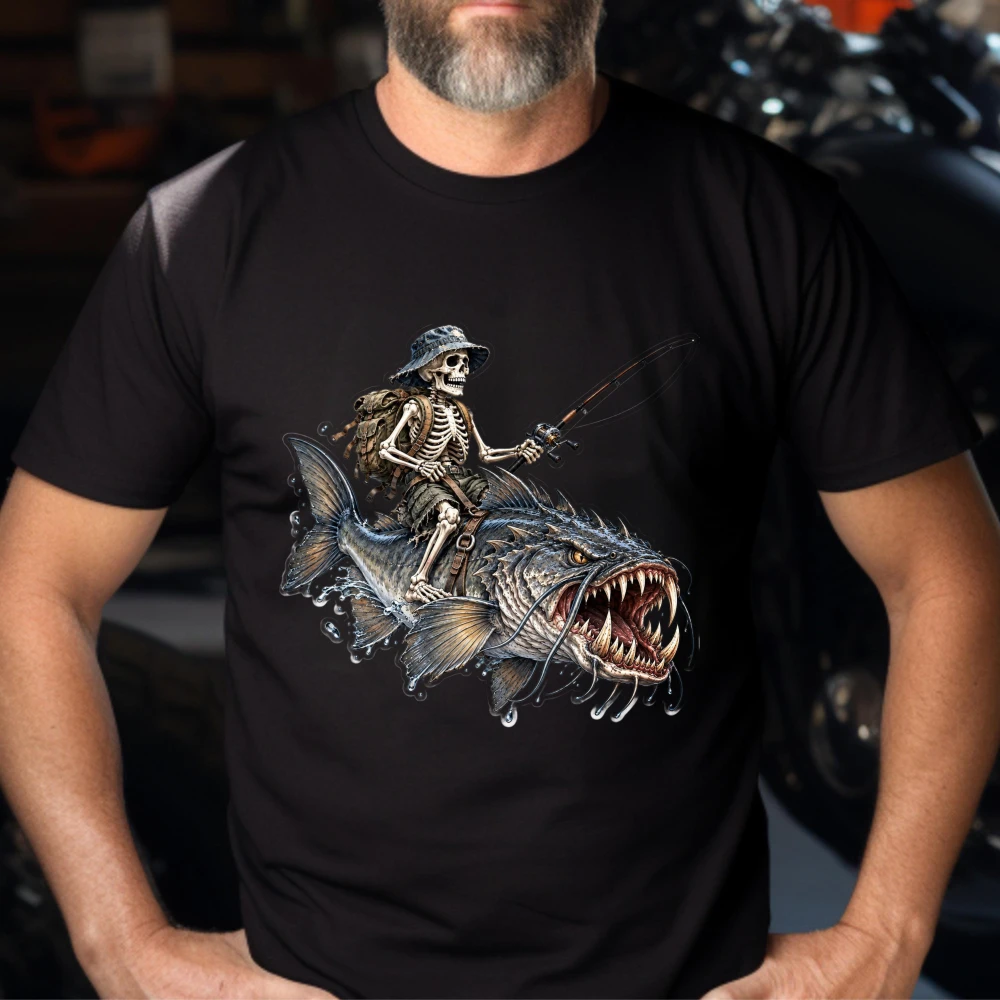 Monster Catfish Skeleton Fisherman Graphic Tshirt Fanged Fish Rider Tee Fun Fishing Tackle Box Art Men Shirt Catfish Angler Gift