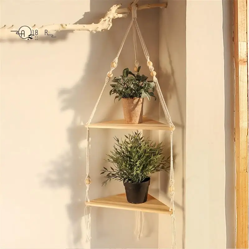 

A18R -1 Piece Shelves With Wood Shelf Beige Handmade Shelf With Beautiful Macrame Rope And Shelf For Hanging Plant And Decor