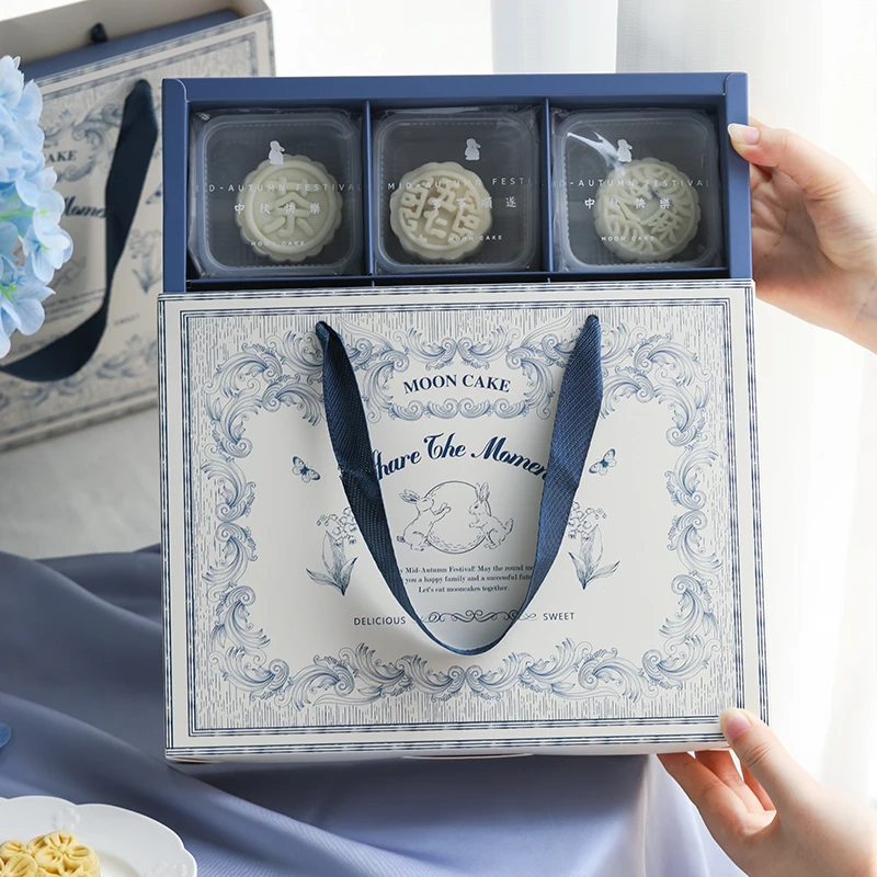 5 unids/set caja de embalaje Mooncake azul Retro mediados de otoño caja de regalo para Festival de mano 6 carne fresca yema de huevo caja vacía crujiente