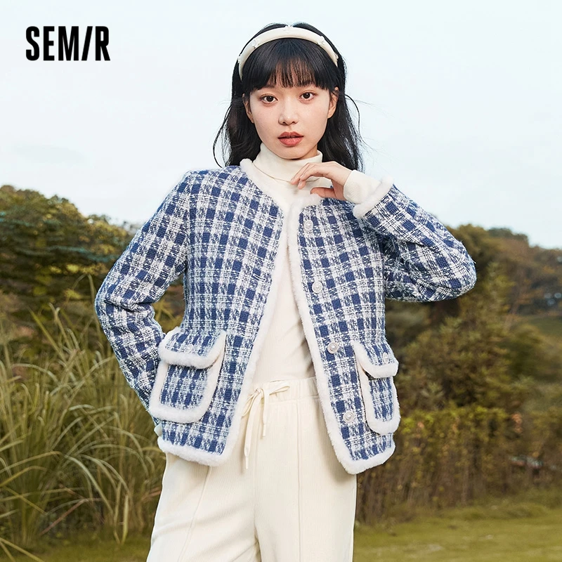 Semir Coat Women Cotton-Padded Warm Plaid Texture Elegant 2024 New Winter Fashion Loose Jacket