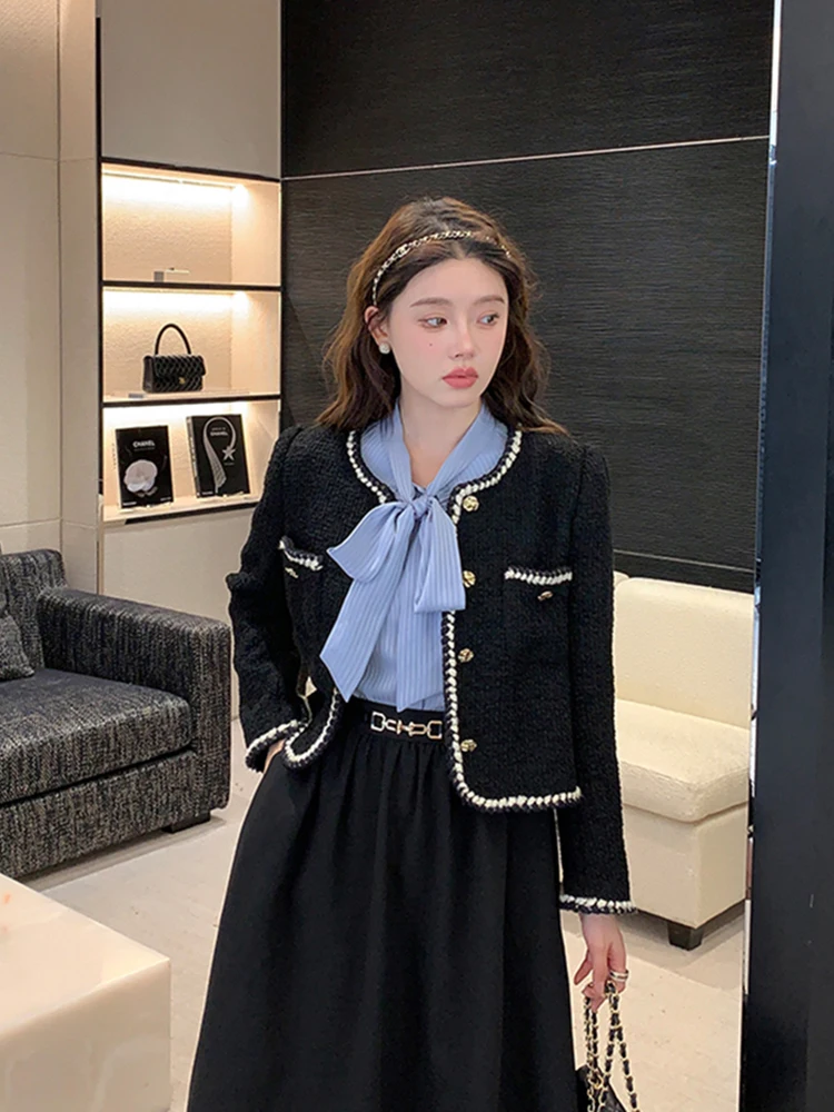 Veste en Tweed Vintage pour Femme, Manteau Court Français Élégant, Décontracté, à Manches sulf, Simple, Rétro, Vêtements d'Extérieur