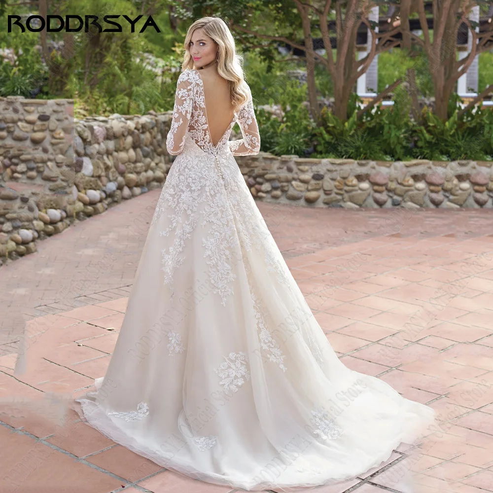 RODDRSY Ziviles Brautkleid Scoop Lange Ärmel Boho Brautkleider Spitze ARoddrsy Zivil Hochzeits kleid Schaufel lange Ärmel Boho Braut Kleider Spitze Applikation V-Ausschnitt rücken frei A-Linie Illusion Vestido de Noiva