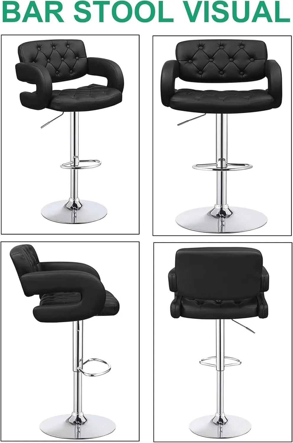 Adjustable Swivel Bar Stools, Pu Leather Bar Chairs, Kitchen Island Stools With High Backrest, Stainless Steel Frame, Counter