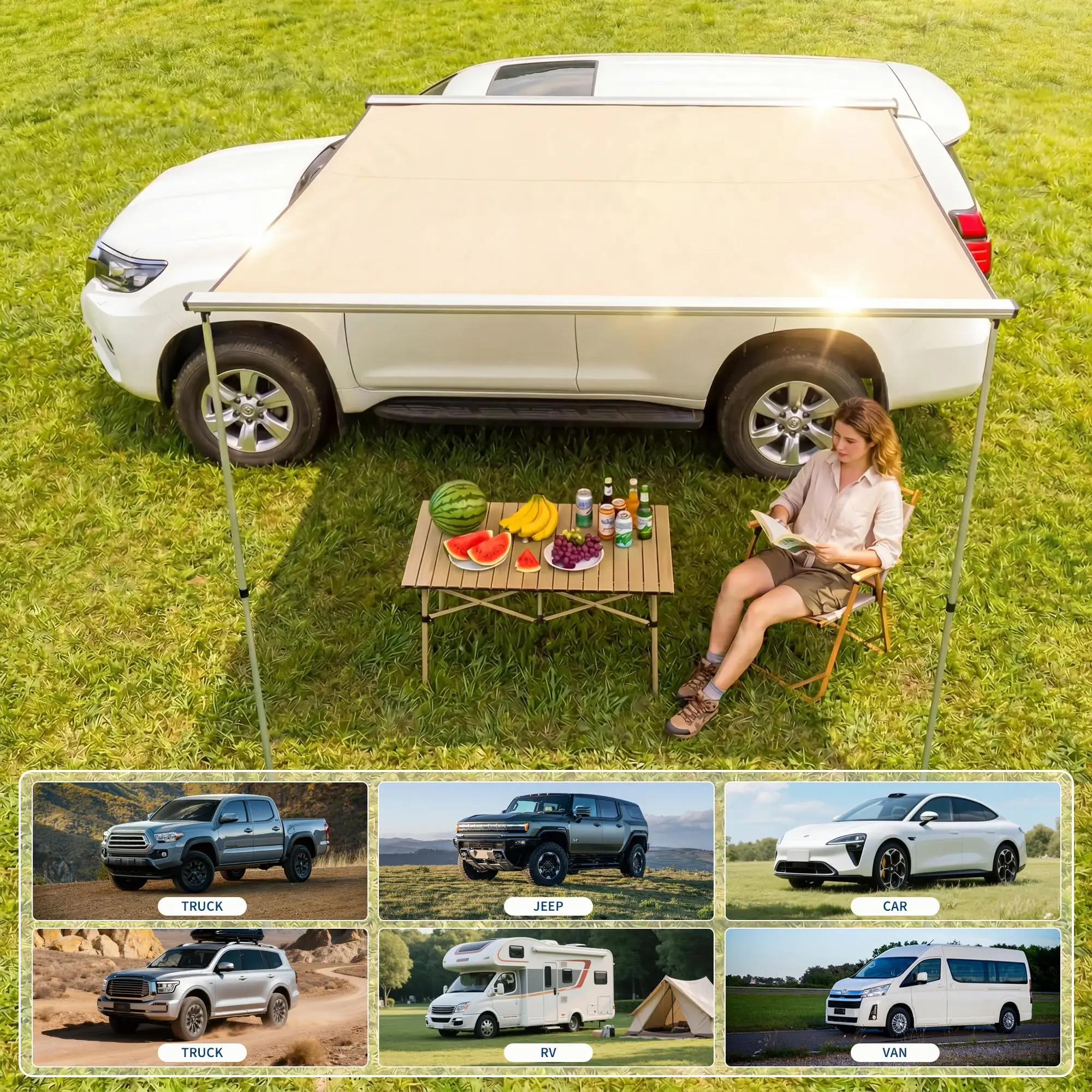 SUV Truck Van Roof Rack Awning - Retractable Side Sun Shade, UV50+ 600D Oxford Waterproof Canopy, Adjustable Aluminum Poles, Outdoor Camping Shelter with Storage Bag view 6