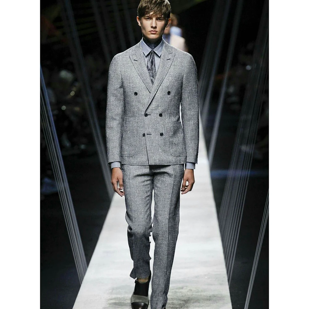 

Мужской костюм из конопли, серый, в современном минималистичном стиле, двубортный, комплект из 2 предметов, с лацканами-капюшоном, приталенный, для офиса и торжеств (пиджак и брюки)