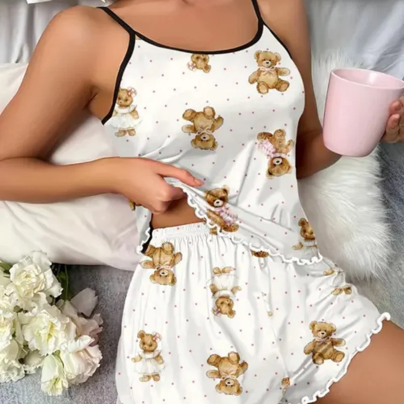 

Women's Cute Bear Butterfly Printed Pajama Set White Sleeveless Halter Top Shorts Suit Home Wear Two-piece Pajamas