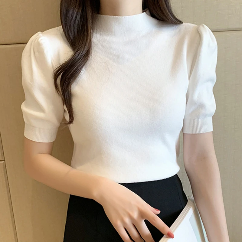 Korean Puff Sleeve Woman Shirt Summer 2023 Fashion Half Turtleneck Knitted Blouse Women Slim Tank Tops Casual Blusas Mujer 18848