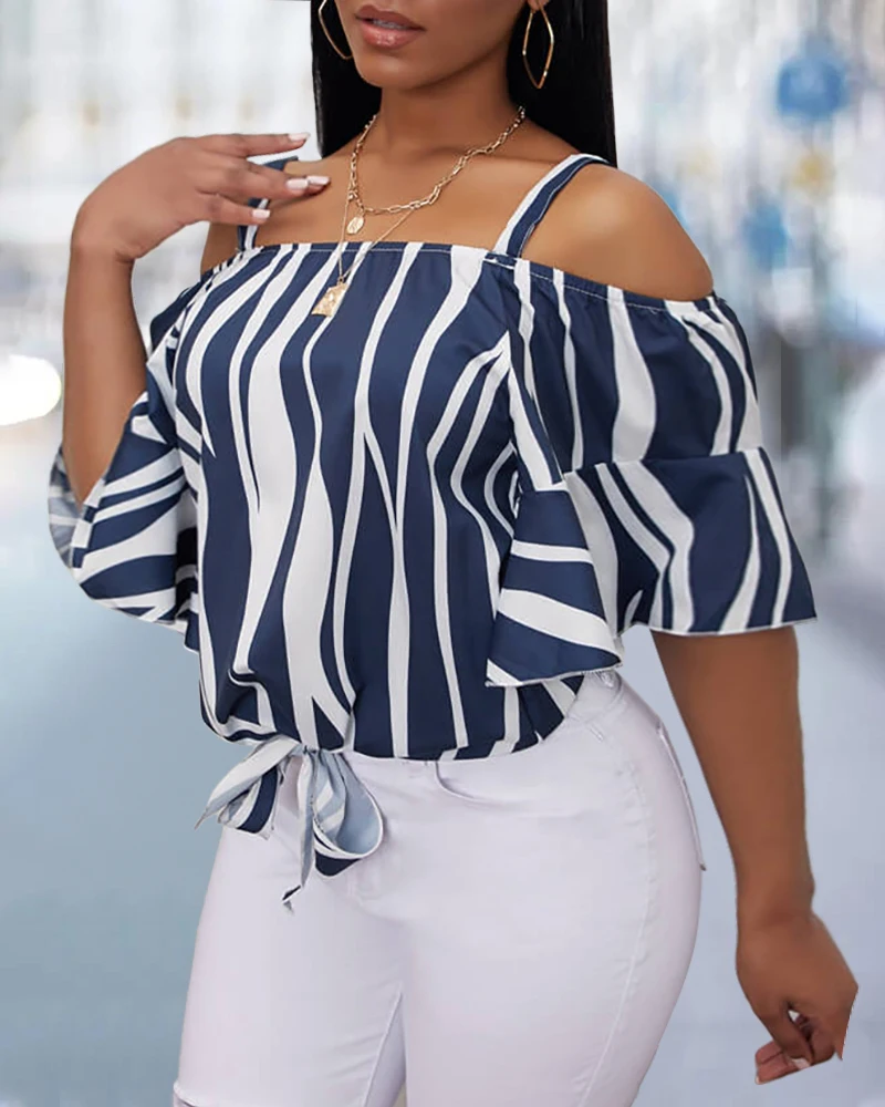 Plus Size Abstract Print Cold Shoulder Ruffles Top