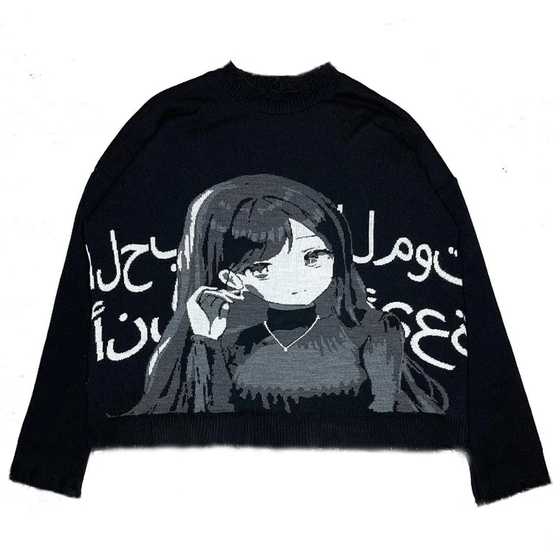 

Женский и мужской вязаный свитер большого размера, винтажный пуловер унисекс с рисунком в стиле хип-хоп для девочек в стиле Харадзюку, свободный уличный пуловер с круглым вырезом
