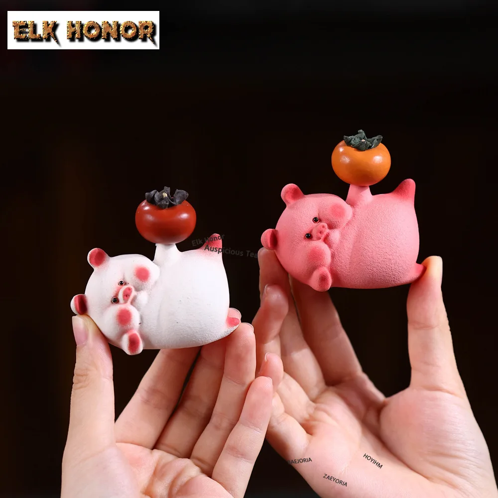 ZAEYORIA Good Fortune Persimmon Pig Purple Clay Tea Pet Handmade Tea Sculpture Tea Figurine Play Toys Tea Statue Ornaments Gift