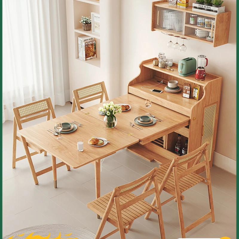 

Nordic dining table folding storage solid wood invisible telescopic small apartment household dining table