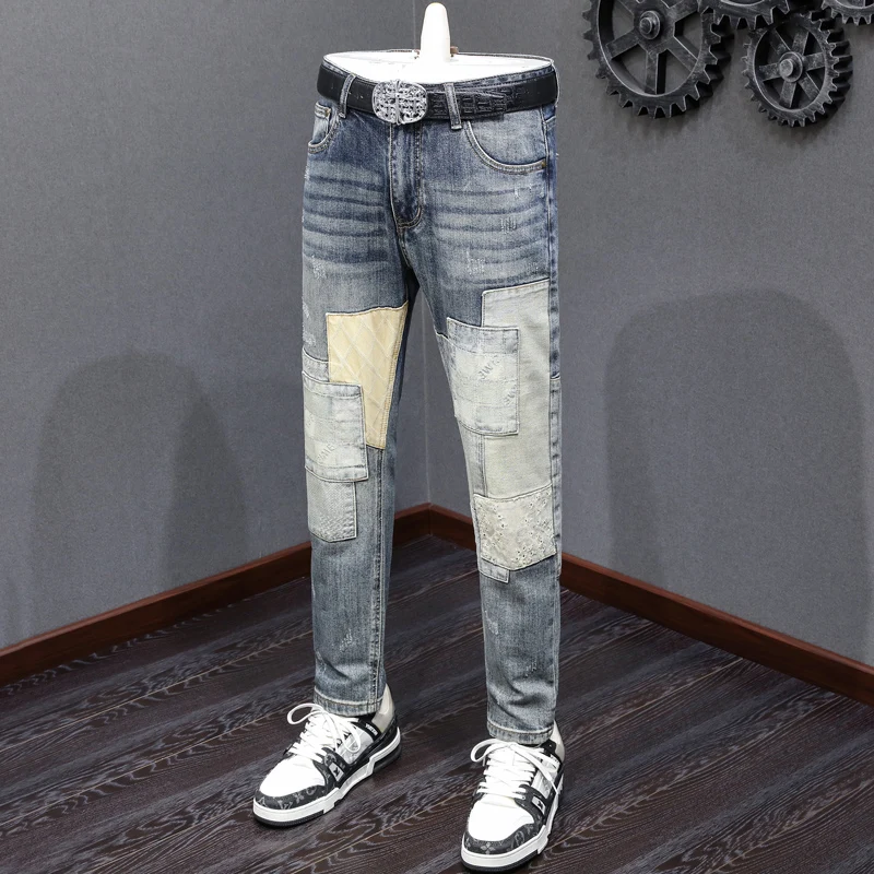 

Street Fashion Men Jeans Retro Washed Blue Stretch Slim Fit Ripped Jeans Men Spliced Patched Designer Hip Hop Denim Pants Hombre