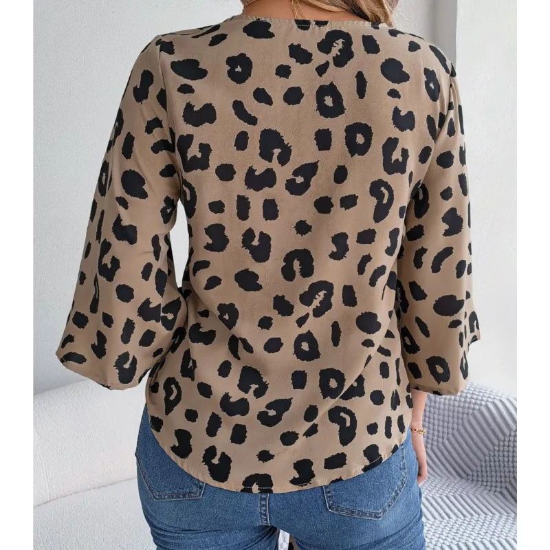 Elegant Flared Sleeve Cardigan Shirt For Women 2024 Autumn Casual Leopard Print Lace Up Chiffon Shirt Top Femme Blusa Chemisier