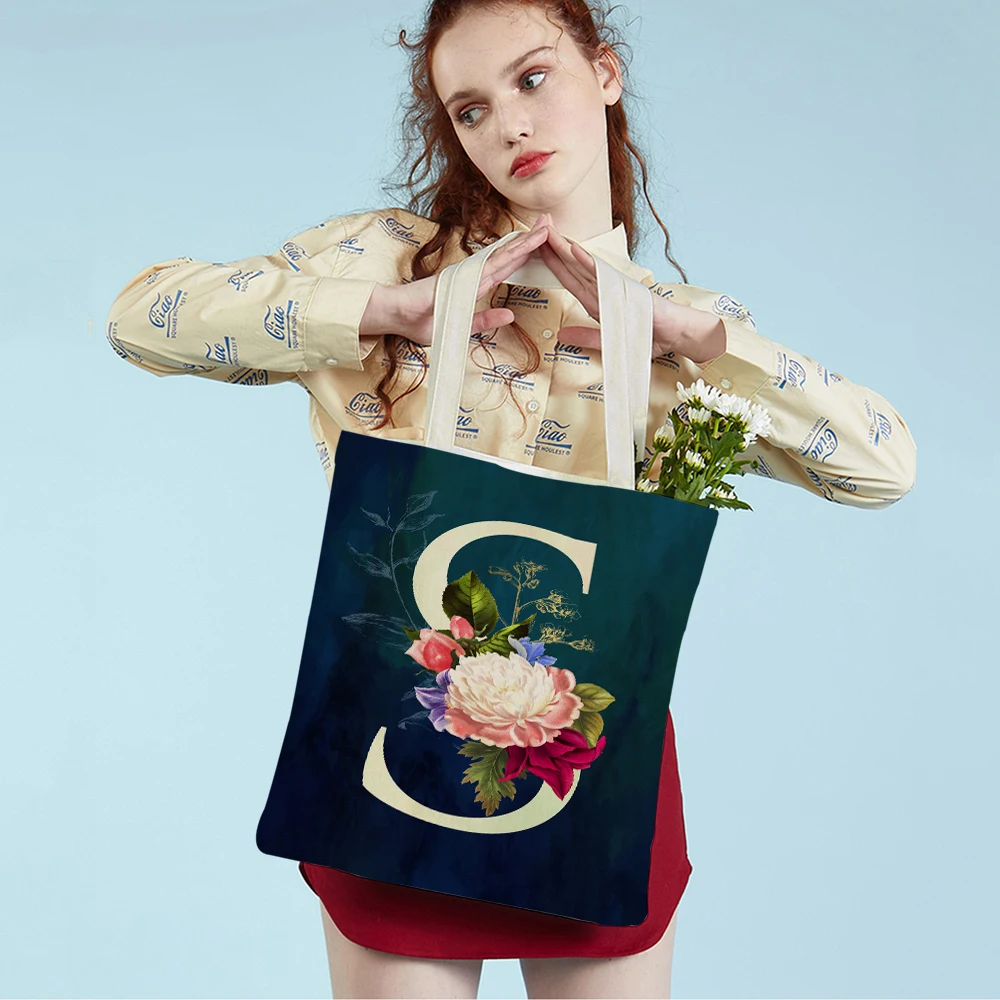 

Fashion Floral Letter Tote Travel Handbag English Flower Dark Blue Reusable Both Sided Casual Canvas Shopping Bag for Student