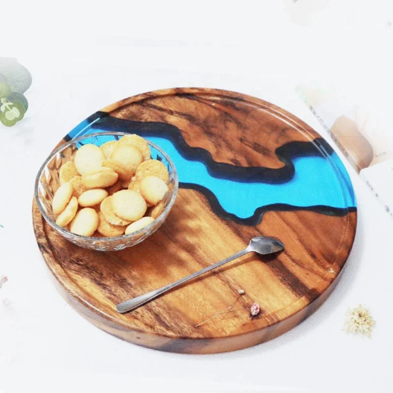 hotel restaurant supplies custom decorative solid wood with epoxy resin round serving tray