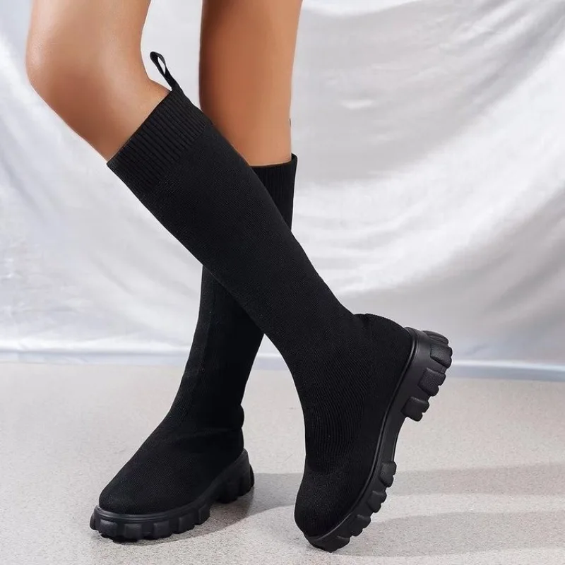 Thick Sole Knitted Long Boots for Women Fashion Elastic Socks Shoes Boots Over Knee Round Toe Low Heels Botas De Mujer 2024