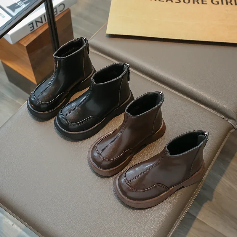 Kids Chunky Sole Ankle Boots, Toddler Boys Girls Back Zipper Solid Faux Leather Boots, Spring Fall Casual Boots, Black / Brown
