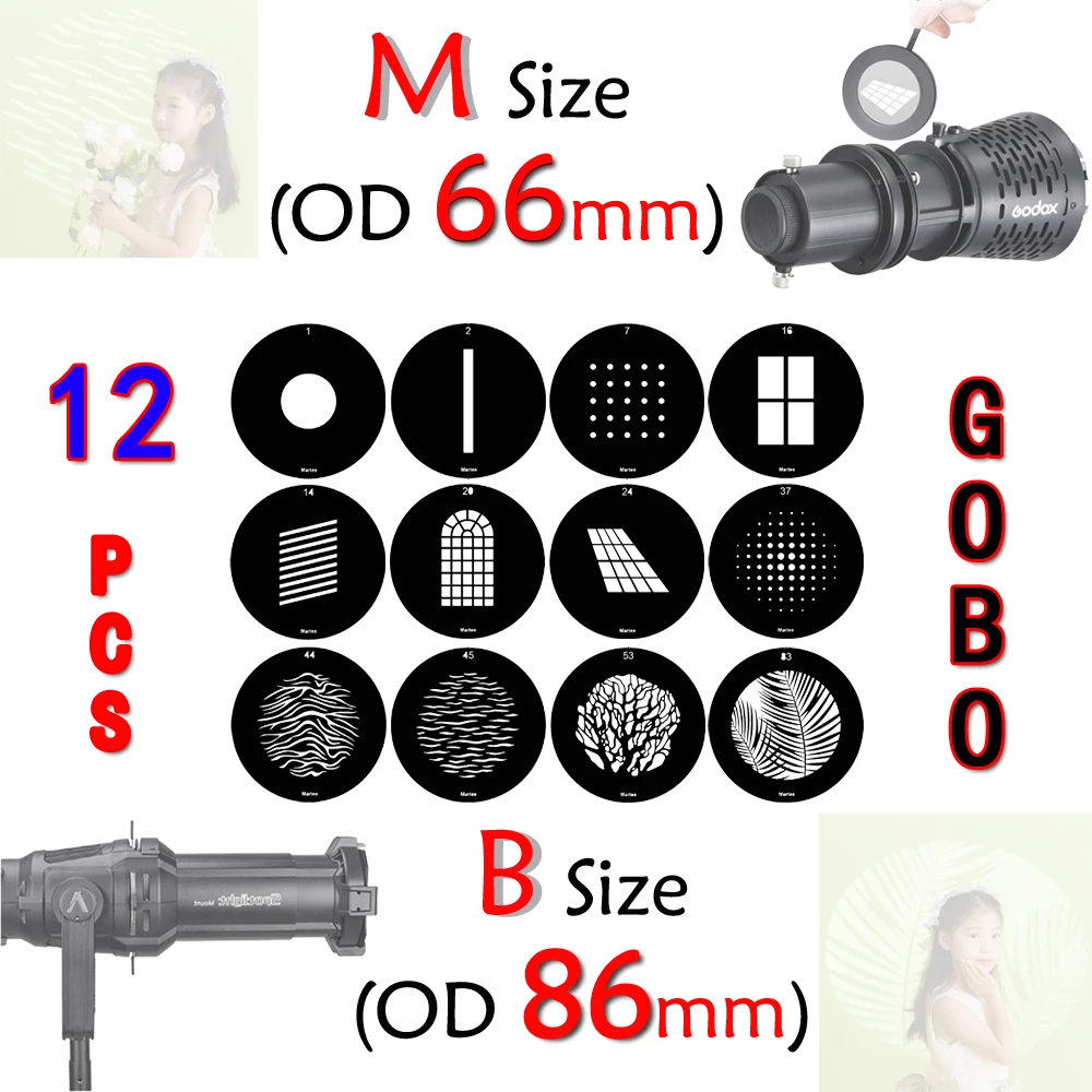 12 PCS OD 86mm&66mm mask used for light shooting GOBO M Size for OT1&SA-10/SA-P, B Size for Spotlight, PJ-BM-19/36 & VSA-19/26