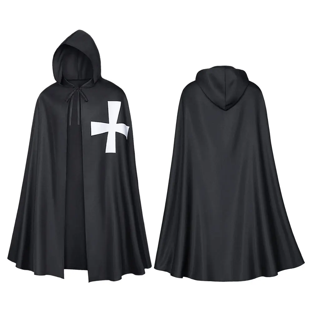 Halloween Medieval Crusader Knights Templar Cosplay Cloak Renaissance Vintage Black White Hooded Cape Masquerade Warrior Costume