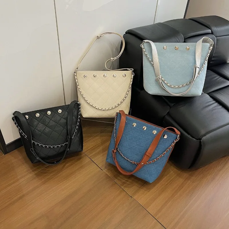 

Women Rivet Bucket Bag PU Leather Shoulder Tote Bags Thread Zipper Messenger Bag Thread Design All-match Lady Shopping Bags