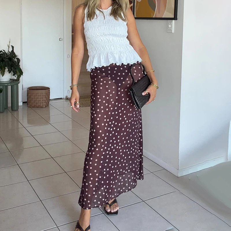 Chiffon Sheer Polka Dot Skirt Women 2026 Summer Sexy High Waist Casual Pencil Skirt Fashion Printed Beach Vacation Long Skirt