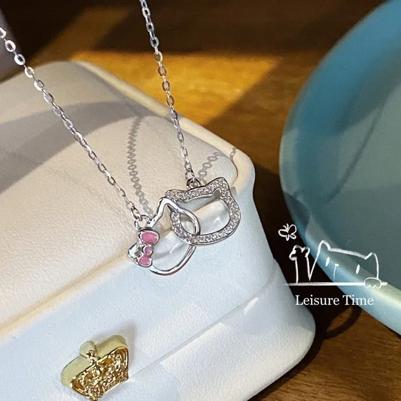 Kawaii Sanrio Anime Hello Kitty Necklace Cute and Sweet Cartoon Double Ring Chain Bone Couple Pendant Girlfriend Gift