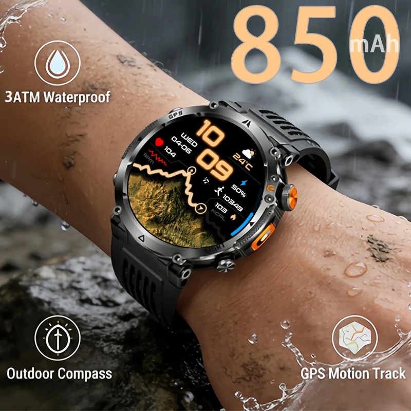 

2026 Model Smart Watch for Men Outdoor Sport Fitness GPS Tracking BT Call 850mAh Battery LED Flashlight Large Display FOR IOS