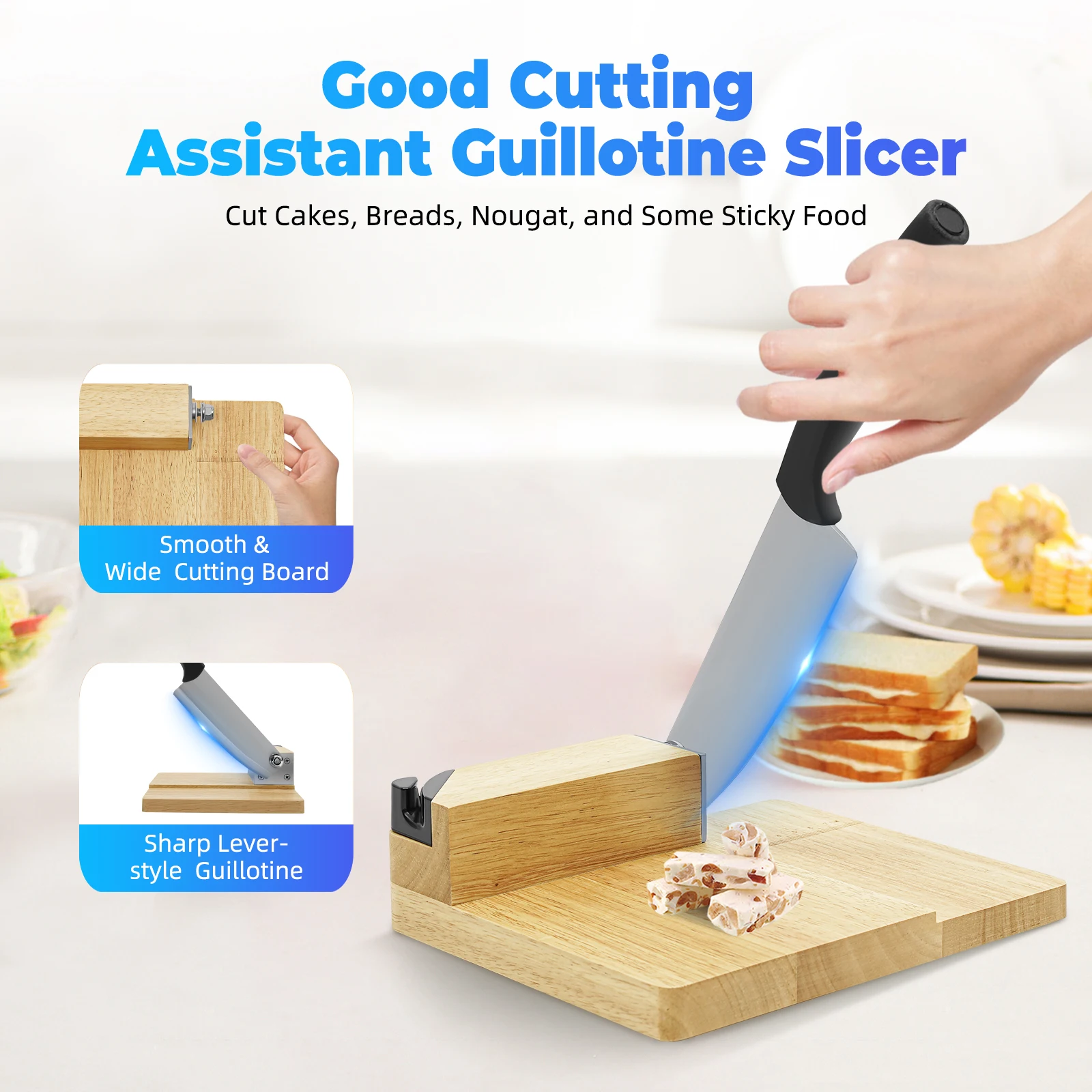 Cortadora de carne congelada manual, cortadora Biltong, cortadora de carne de acero inoxidable, cortadora de guillotina con tabla de cortar de roble