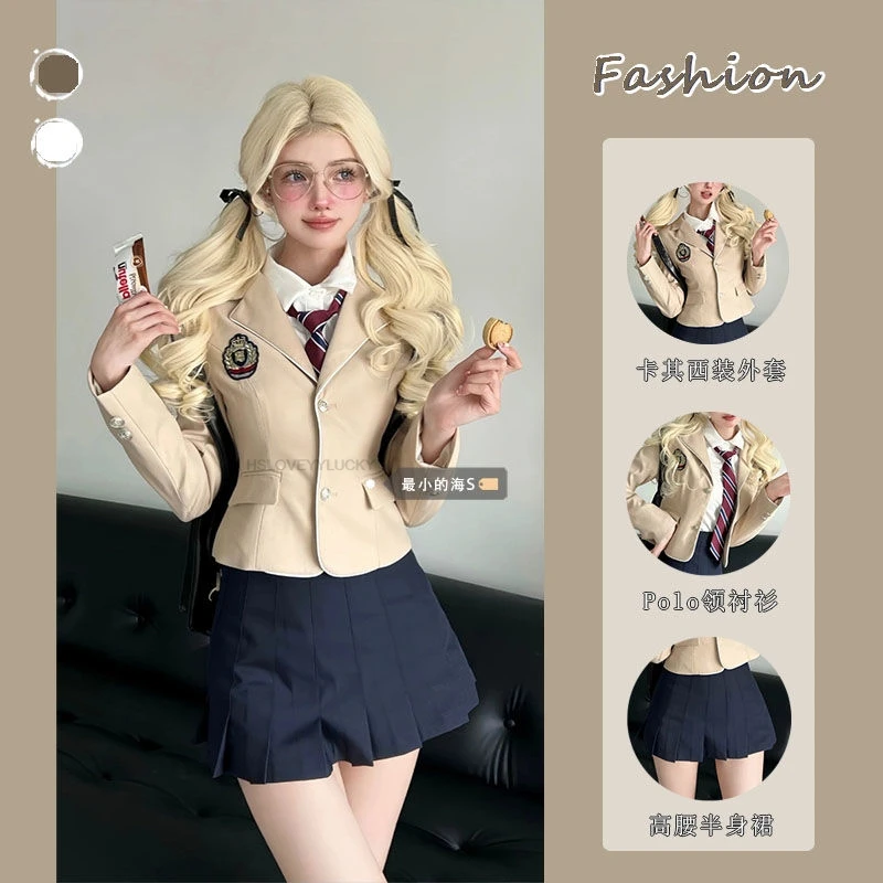 Korea Style Uniform Jk Fashion Set College Style Uniform Suit Jacket three-piece Women Fashion Polo Neck Shirt High Waist Skirt