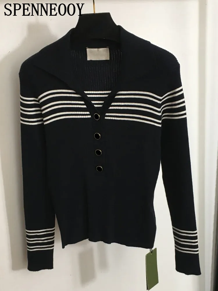 

SPENNEOOY Fashion Runway Autumn Winter Striped Knitting Pullovers Women's Turn-down Collar Button Long Sleeve Warm Sweaters