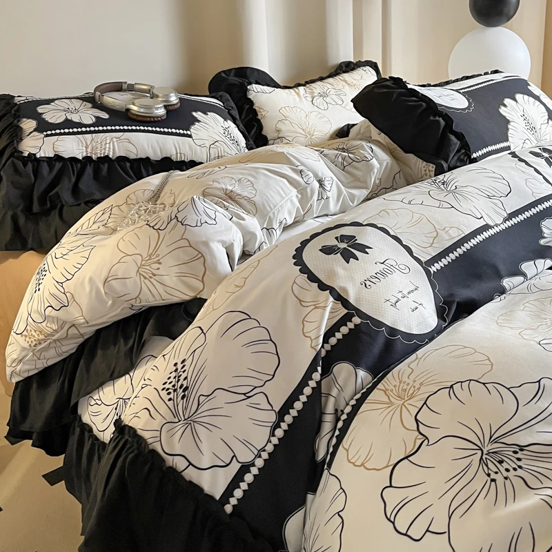 Imagem -02 - Conjunto de Cama Vintage Francês para Meninas Têxtil Doméstico Algodão Lavado Capa de Edredão Plissada Preto e Branco Folha Plana com Fronha Pcs Pcs