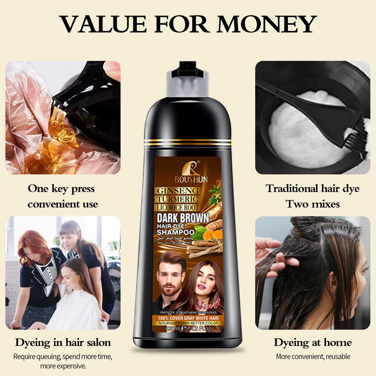 Brown Hair Color Shampoo for Gray Hair Instant Hair Natural Long Lasting for Men and Women 14.2 Fl.Oz