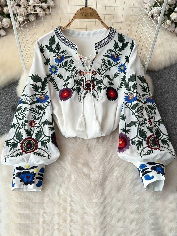 Women\'s Retro Blouse National Style Embroidered Lace-Up Tassel V-Neck Lantern Sleeve Tops Loose All-Match Female Blusa A21