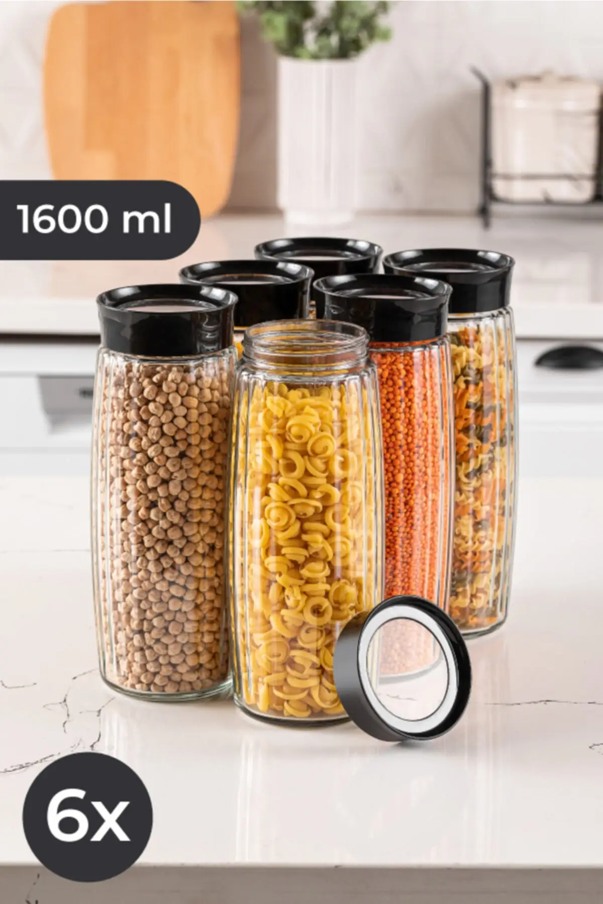 6 Lined Textured Glass Jar Food Container 1600 ml Black Lid Storage High Quality New Model Useful Kitchen Utensils 2022