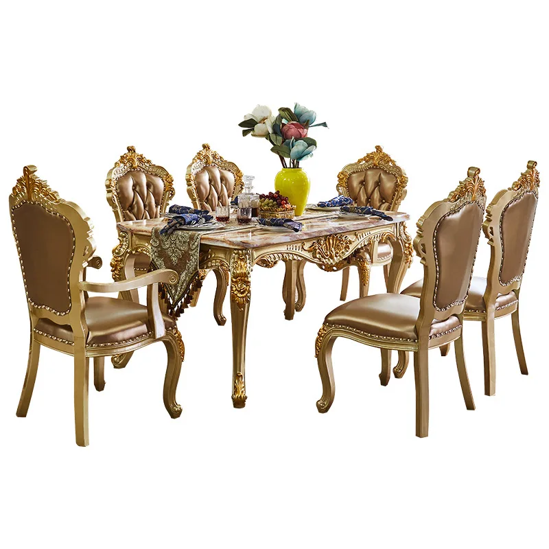 European dining table marble dining table solid wood carving flower  French rectangular  leather  6 people