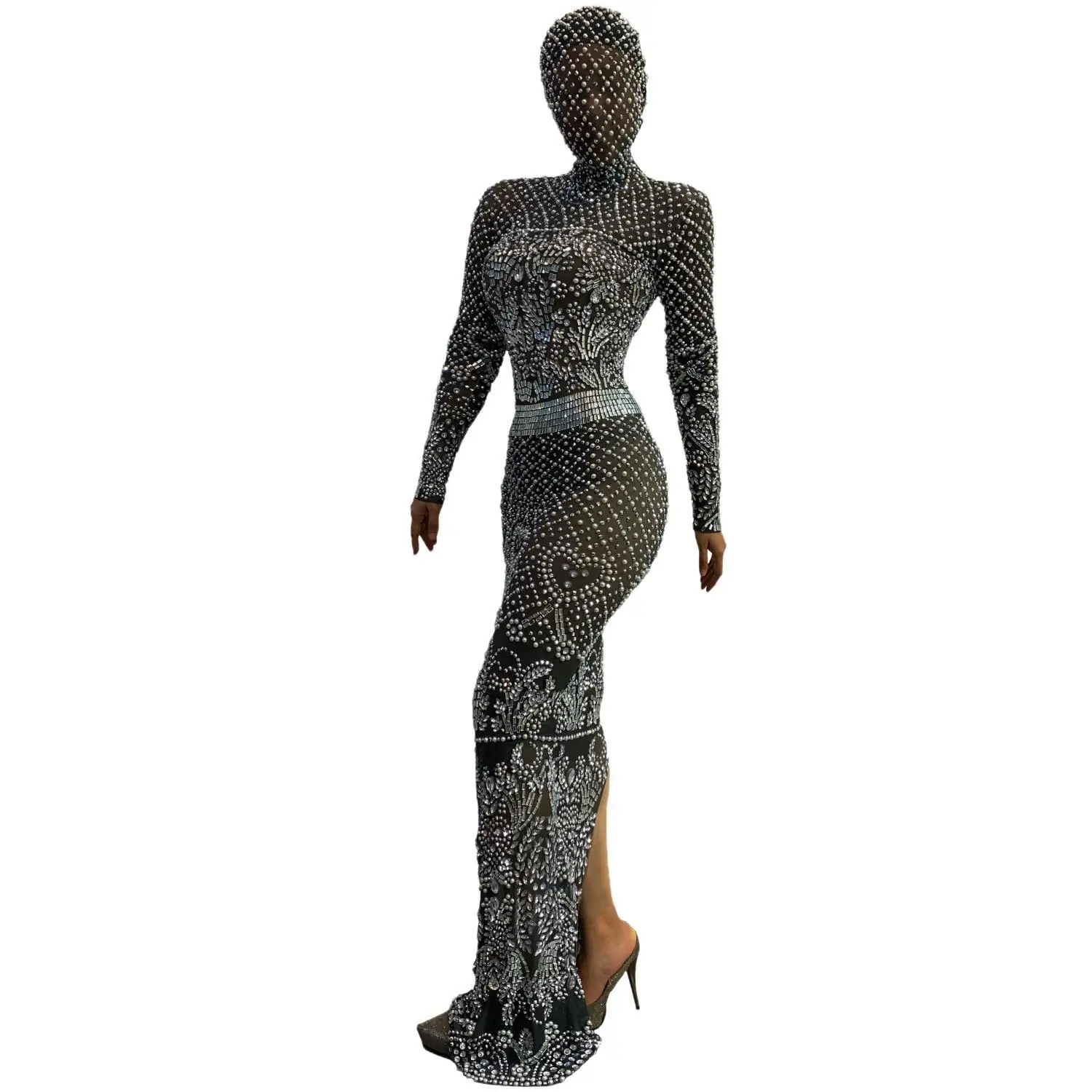 Zhubo Luxury Black Rhinestone Mesh Hooded Maxi Dress Long Sleeve Full Face Sheer Formal Party Performance Outfit