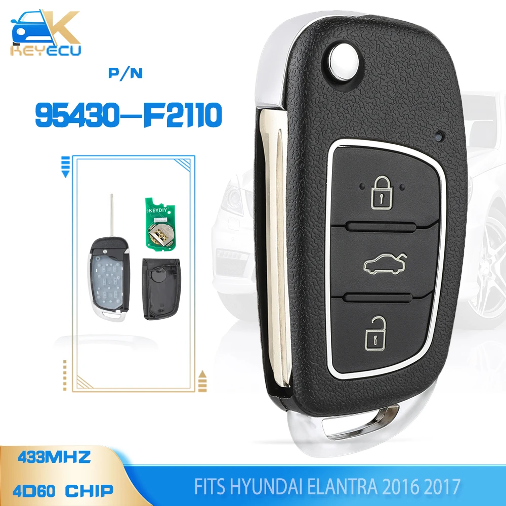 

KEYECU P/N: 95430-F2110 Flip Remote Key Fob 433MHz 4D60 Chip 3 Button for Hyundai Elantra 2016-2017