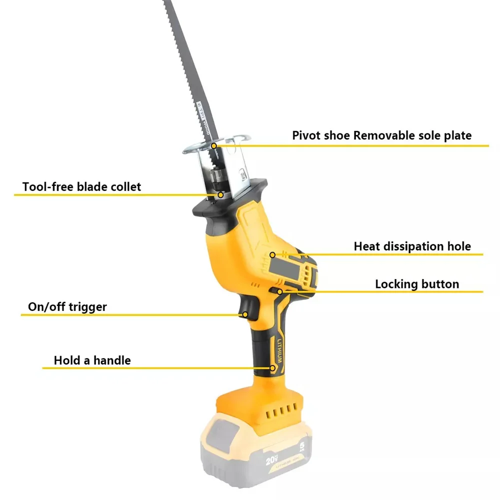 Cordless Reciprocating Saw Variable Speed High-Power Electric Saber Saw Wood PVC Cutting Power Tools For Dewalt 20V Battery