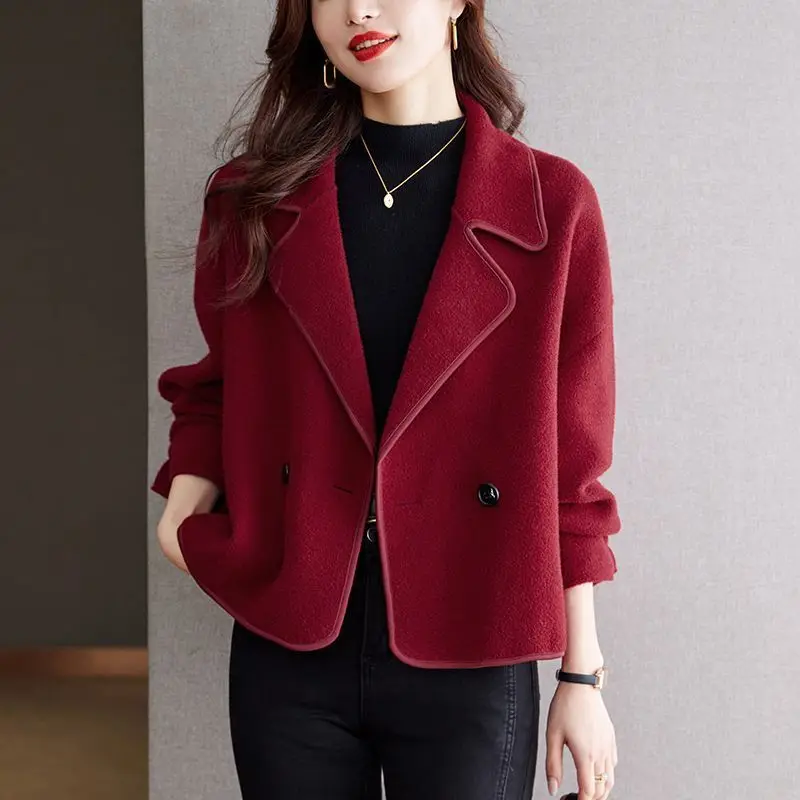 

Women's Short Loose Wool Coat Casual Elegant Blazer Lapel Jacket Long Sleeve Tops Spring Autumn Casual Woolen Outwear