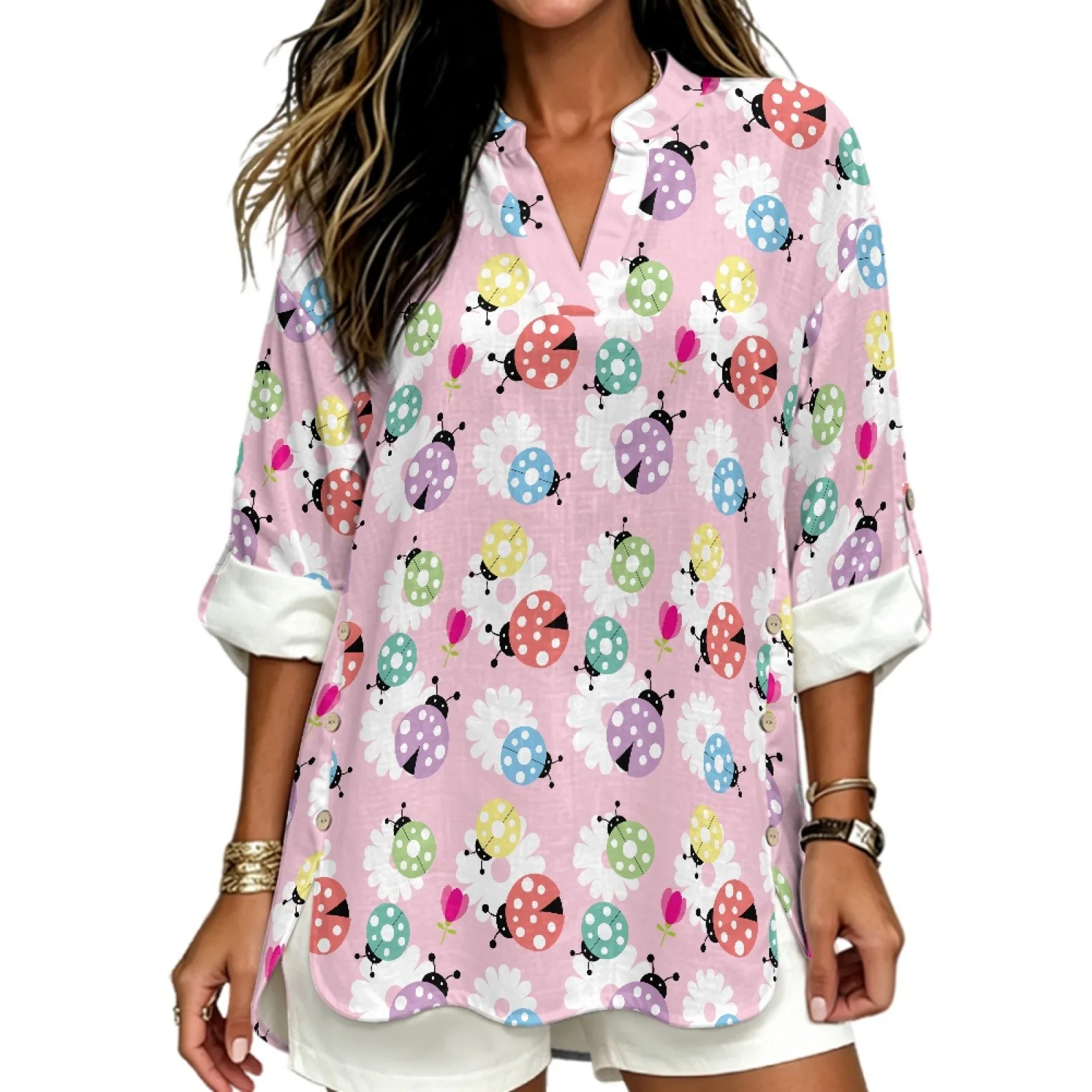PENSTROLL Ladybug and Daisy Trendy Casual Loose Fit Blouses for Ladies Linen Like Long Sleeve Shirts Casual Blouses