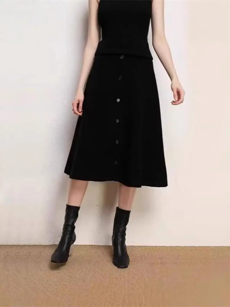 

Autumn Winter 2025 New Solid Color Single Breasted Knitted Midi Skirts Women Fashion Versatile High Waist Slim Skirt Streetwear