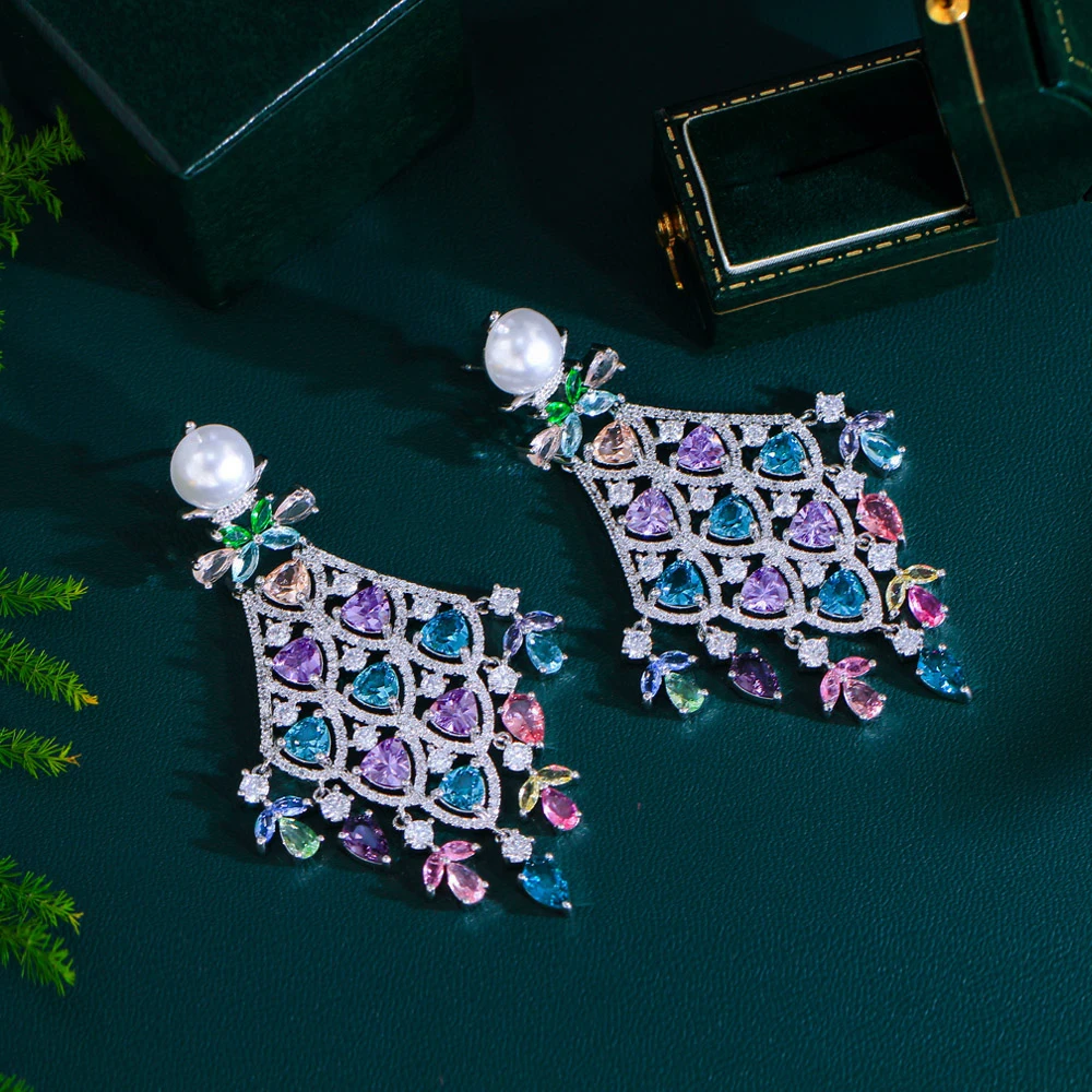 CWWZircons Colorful CZ Drop Earrings Yellow Gold Color Waterdrop Frame Luxury Bold Statement Earrings for Cocktail Prom Party