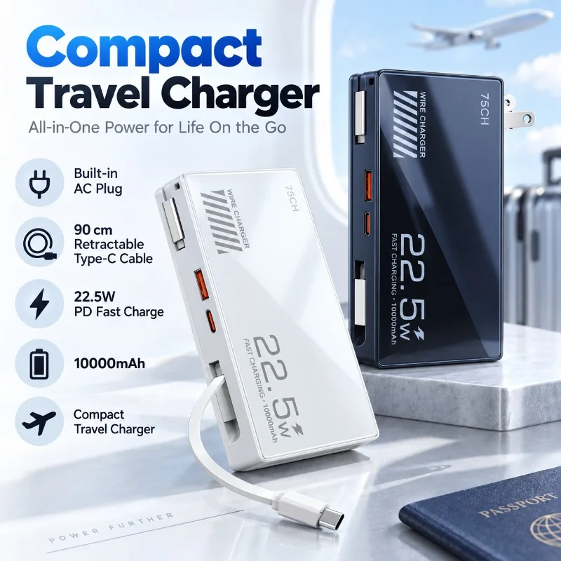 5‑in‑1 Magnetic Wireless Power Bank PD20W Builtin Wall Charger Plug Retractable Cable Portable Fast Charging Mobile Power Supply
