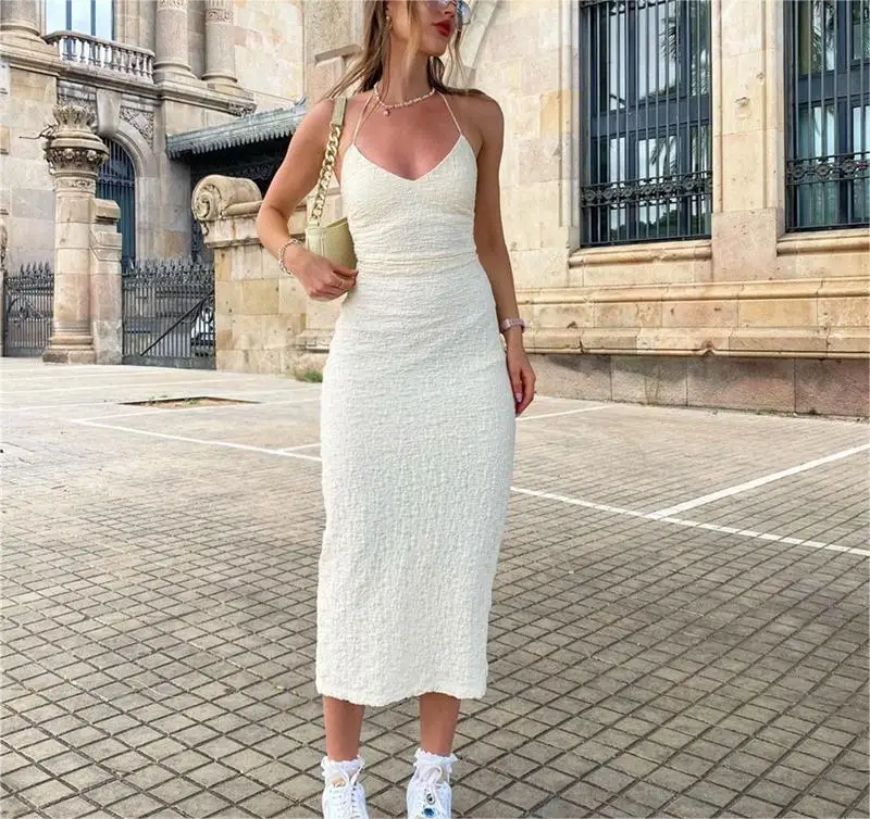 Woman Elegant Summer Fall Fashion Vacation Party Backless Bodycon Dress Sleeveless Casual Solid Robe Lacing Halterneck Dress