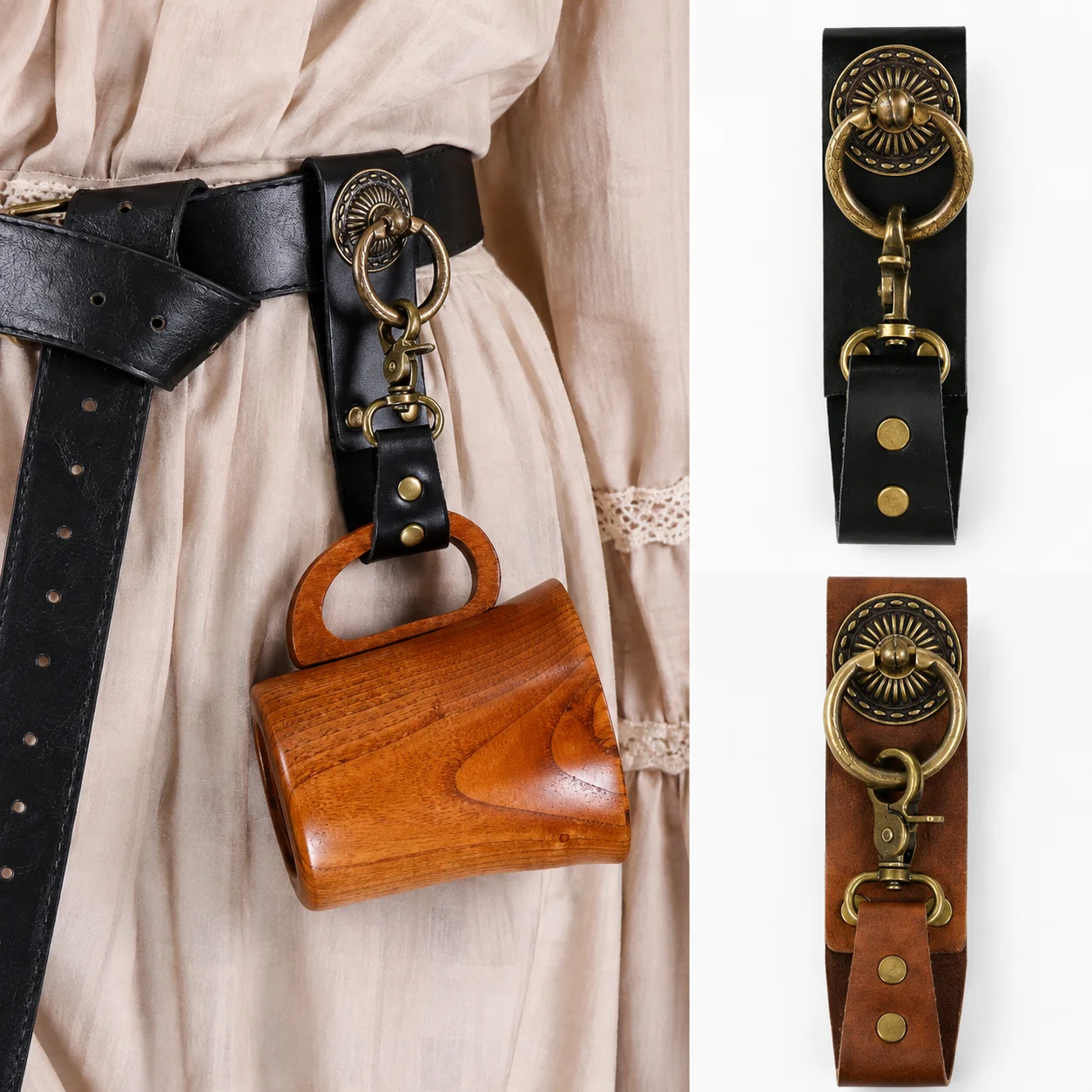 Medieval Retro PU Leather Belt Hanger, Steampunk Brass Ring Hook, Nordic Viking Style Portable Cup Hook, Renaissance Cosplay Pro