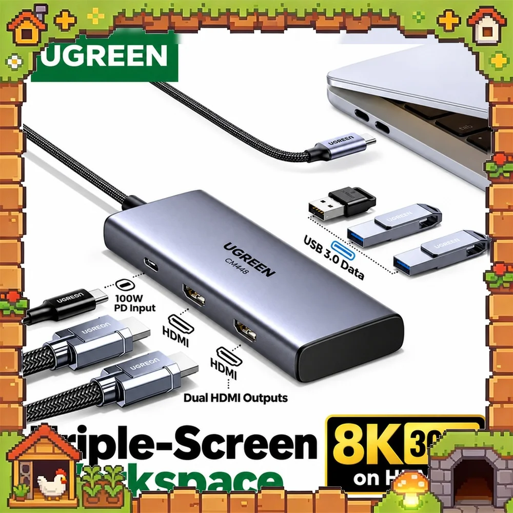 UGREEN CM498 15769 6-in-1 USB-C Hub, Dual HDMI (8K 30Hz HDMI 2, 4K 60Hz HDMI 1), 3 USB 3.0, 100W PD Input
