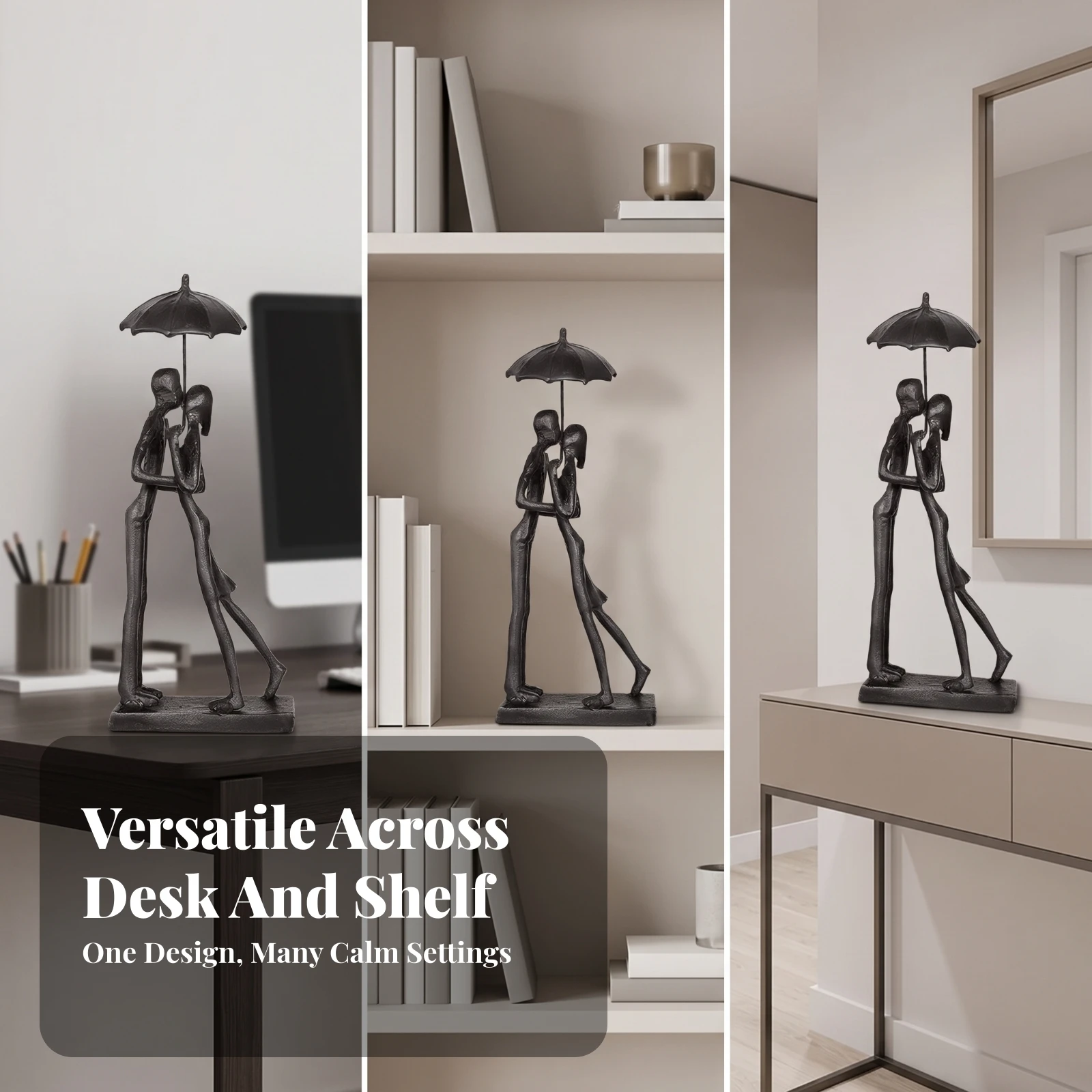 Couple Figurine with Umbrella Modern Iron Desktop Figurine Sculpture with Umbrella Eye-Catching Couple Sculpture Stylish