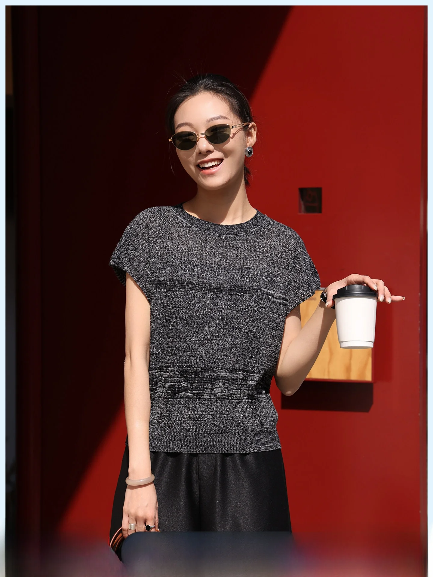 

Slimming Short Sleeve Knitted Top Women's Design Sensation Black Grey Summer New Style Waist Cinched T-Shirt Casual Female Top